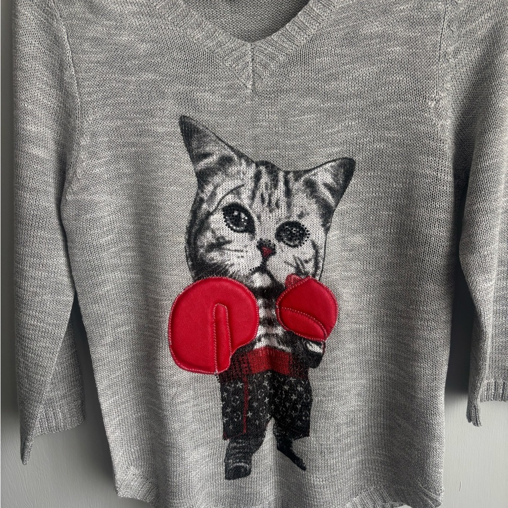 Gray and Red Cat Boxing Sweater